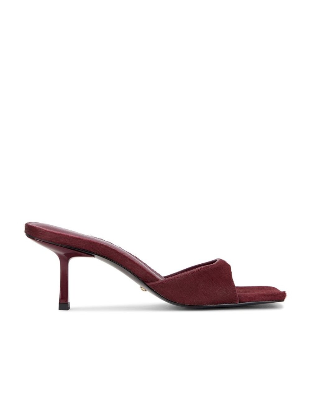 RAYE Jocey Mule in Oxblood Calf Hair fur cowhide kitten heel red open toe